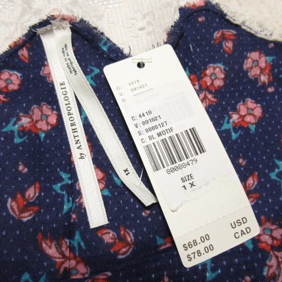 By Anthropologie Lace Trim Loungewear Top Blue Floral Print 1X - Picture 6 of 8